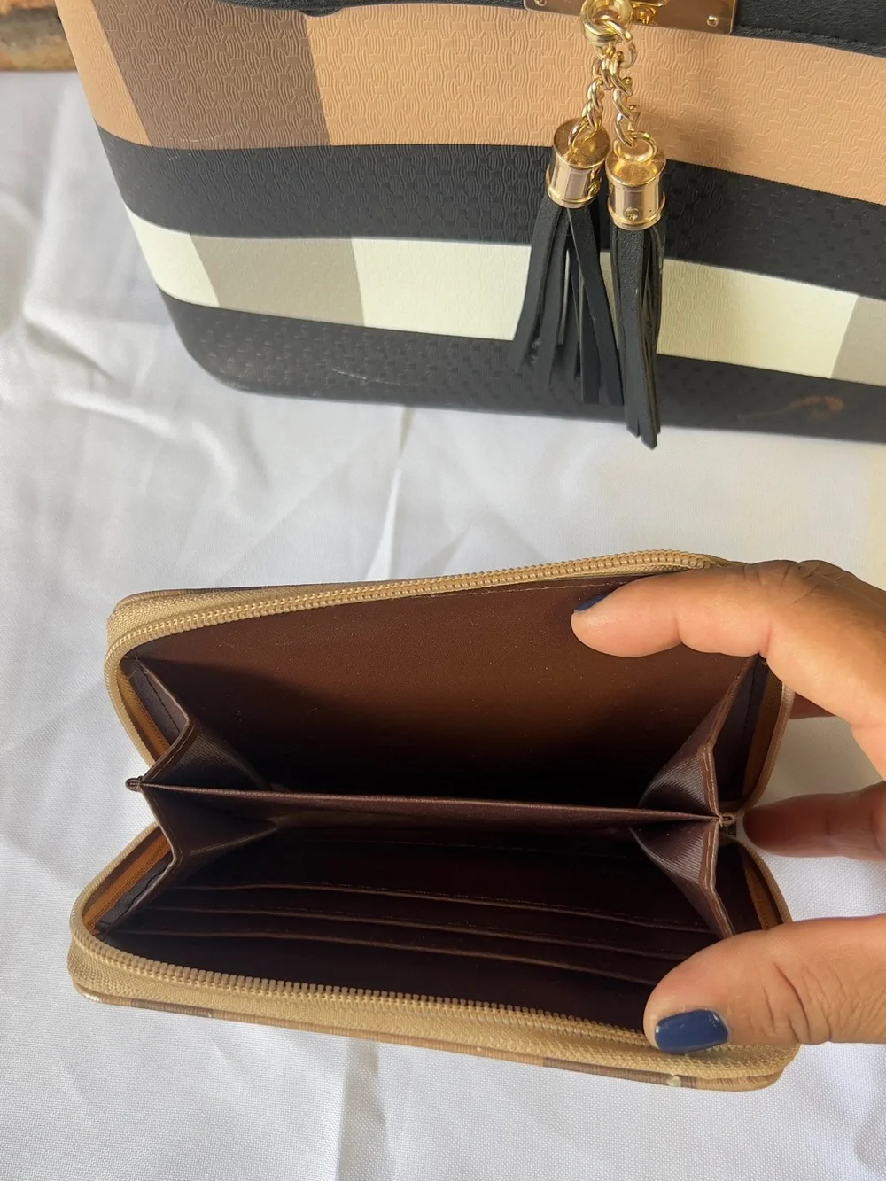 Striped Tan & Black Women's Satchel with Matching Wallet